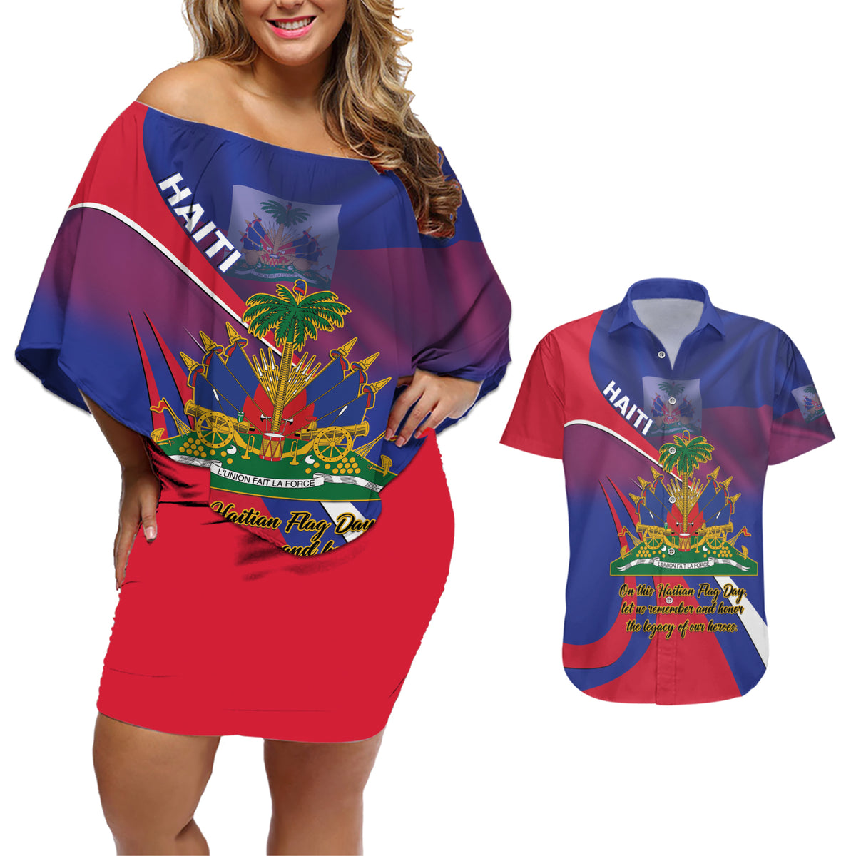 Personalised Haiti Flag Day Couples Matching Off Shoulder Short Dress and Hawaiian Shirt Lest Us Remember Our Heroes - Wonder Print Shop