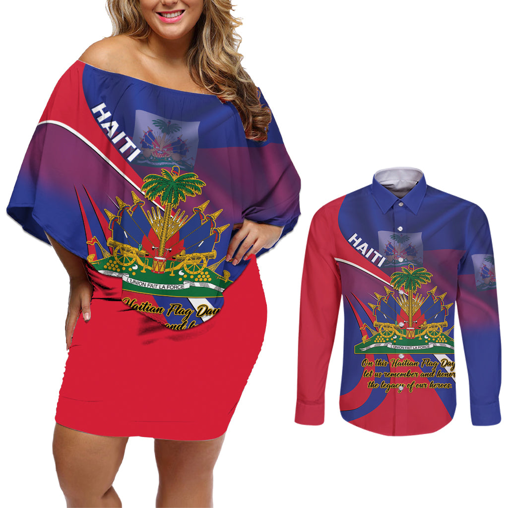 Personalised Haiti Flag Day Couples Matching Off Shoulder Short Dress and Long Sleeve Button Shirt Lest Us Remember Our Heroes