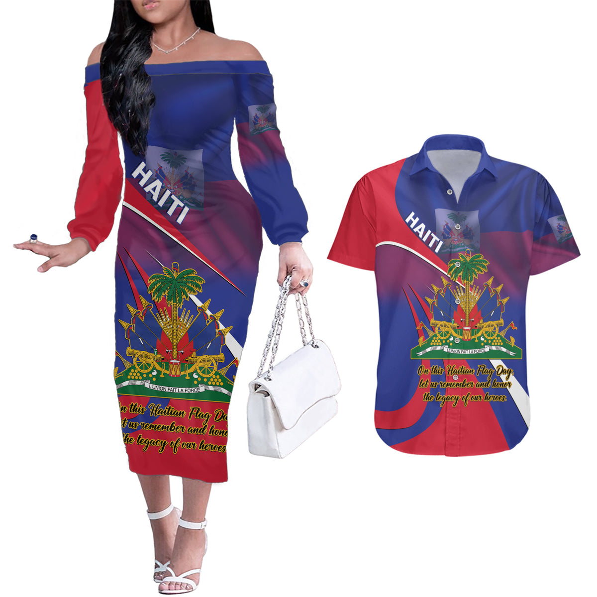Personalised Haiti Flag Day Couples Matching Off The Shoulder Long Sleeve Dress and Hawaiian Shirt Lest Us Remember Our Heroes - Wonder Print Shop