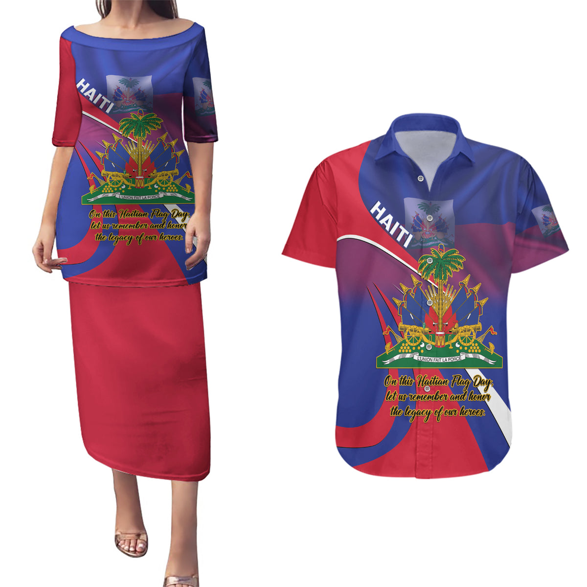 Personalised Haiti Flag Day Couples Matching Puletasi and Hawaiian Shirt Lest Us Remember Our Heroes - Wonder Print Shop