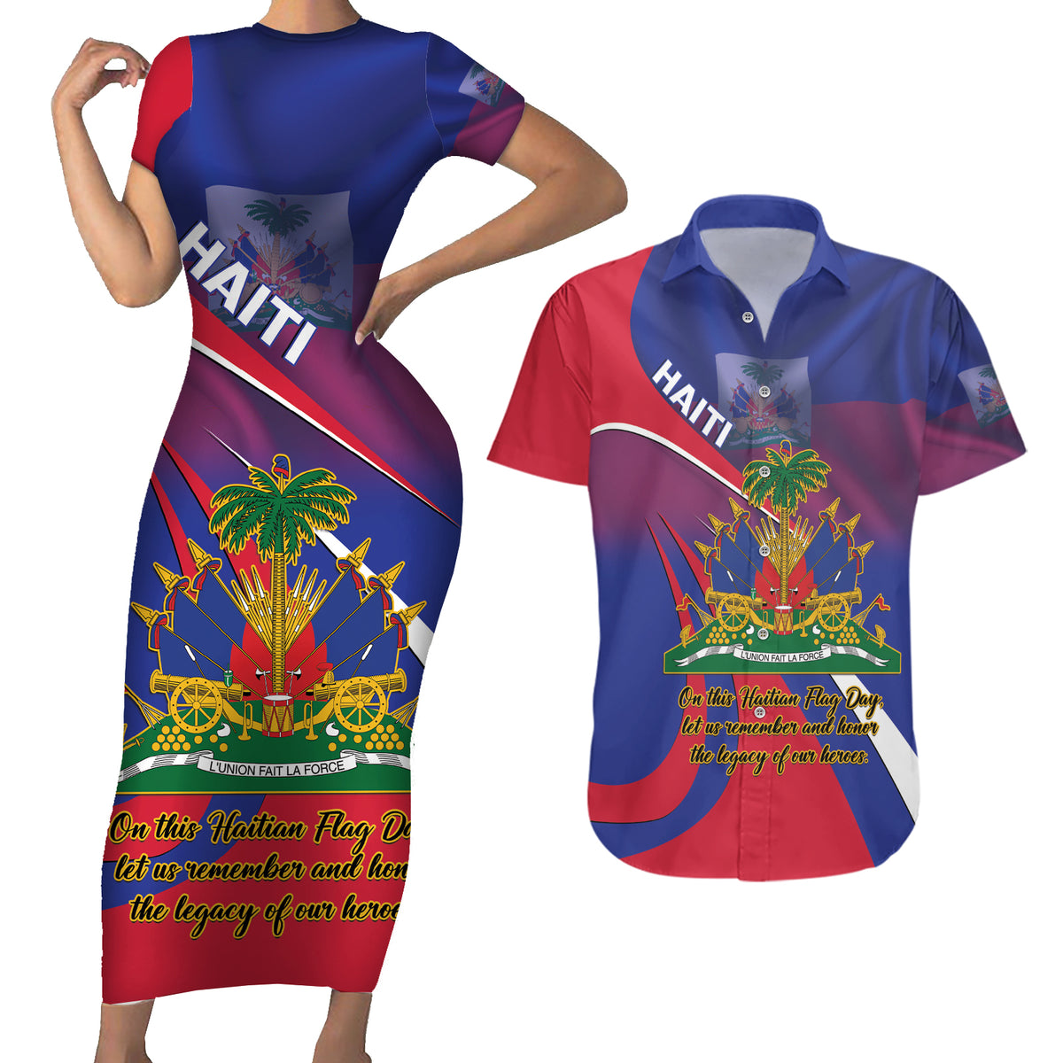 Personalised Haiti Flag Day Couples Matching Short Sleeve Bodycon Dress and Hawaiian Shirt Lest Us Remember Our Heroes - Wonder Print Shop
