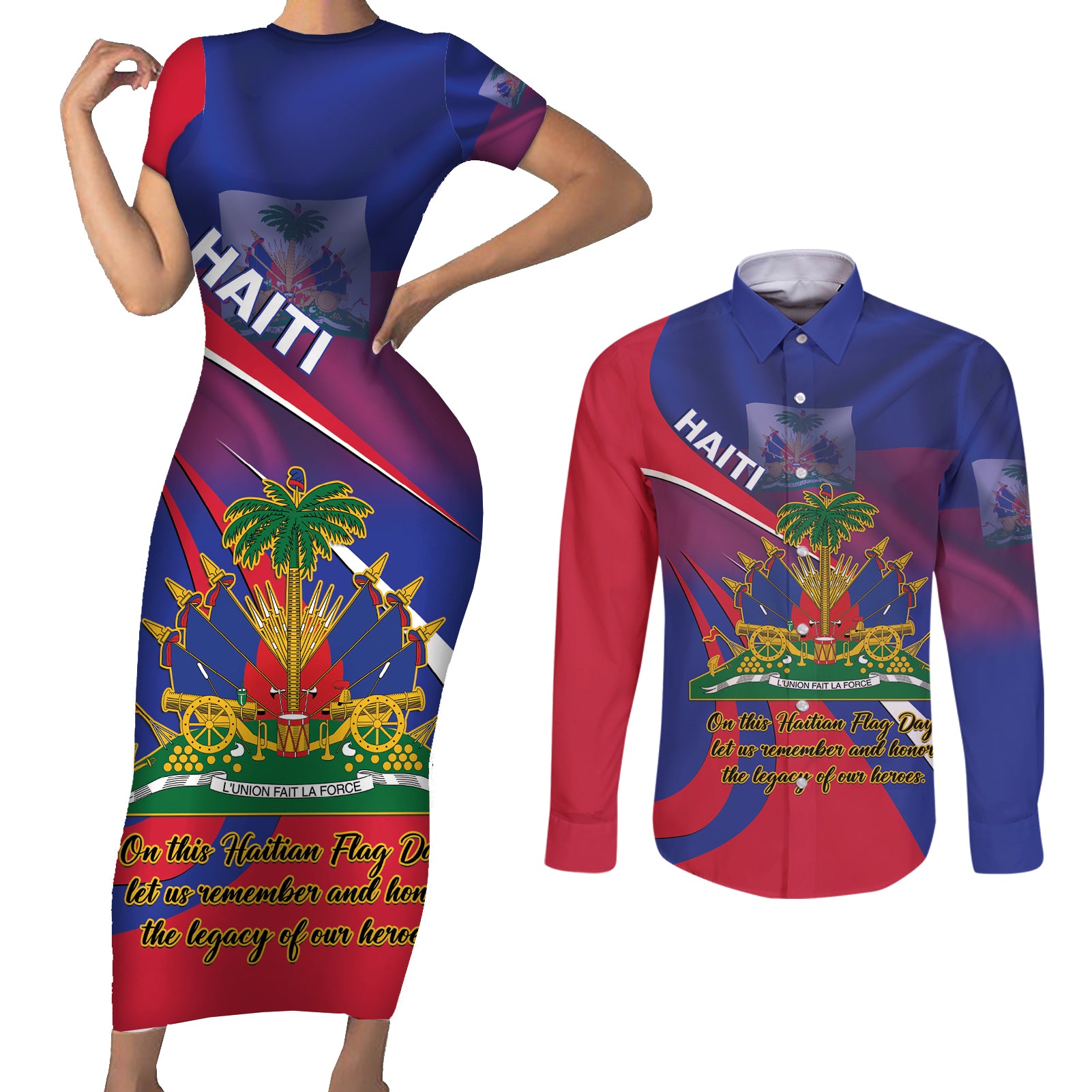 Personalised Haiti Flag Day Couples Matching Short Sleeve Bodycon Dress and Long Sleeve Button Shirt Lest Us Remember Our Heroes