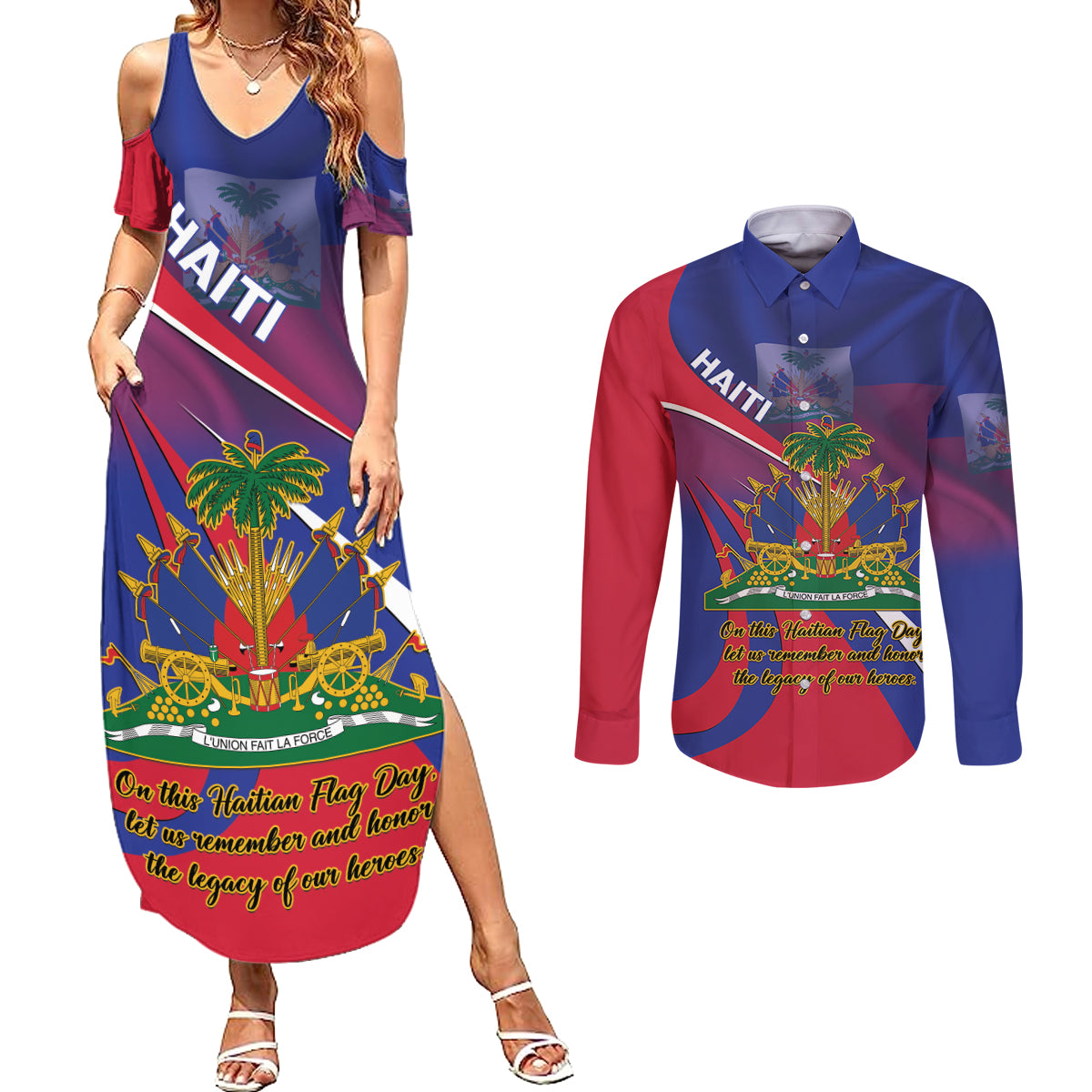 Personalised Haiti Flag Day Couples Matching Summer Maxi Dress and Long Sleeve Button Shirt Lest Us Remember Our Heroes