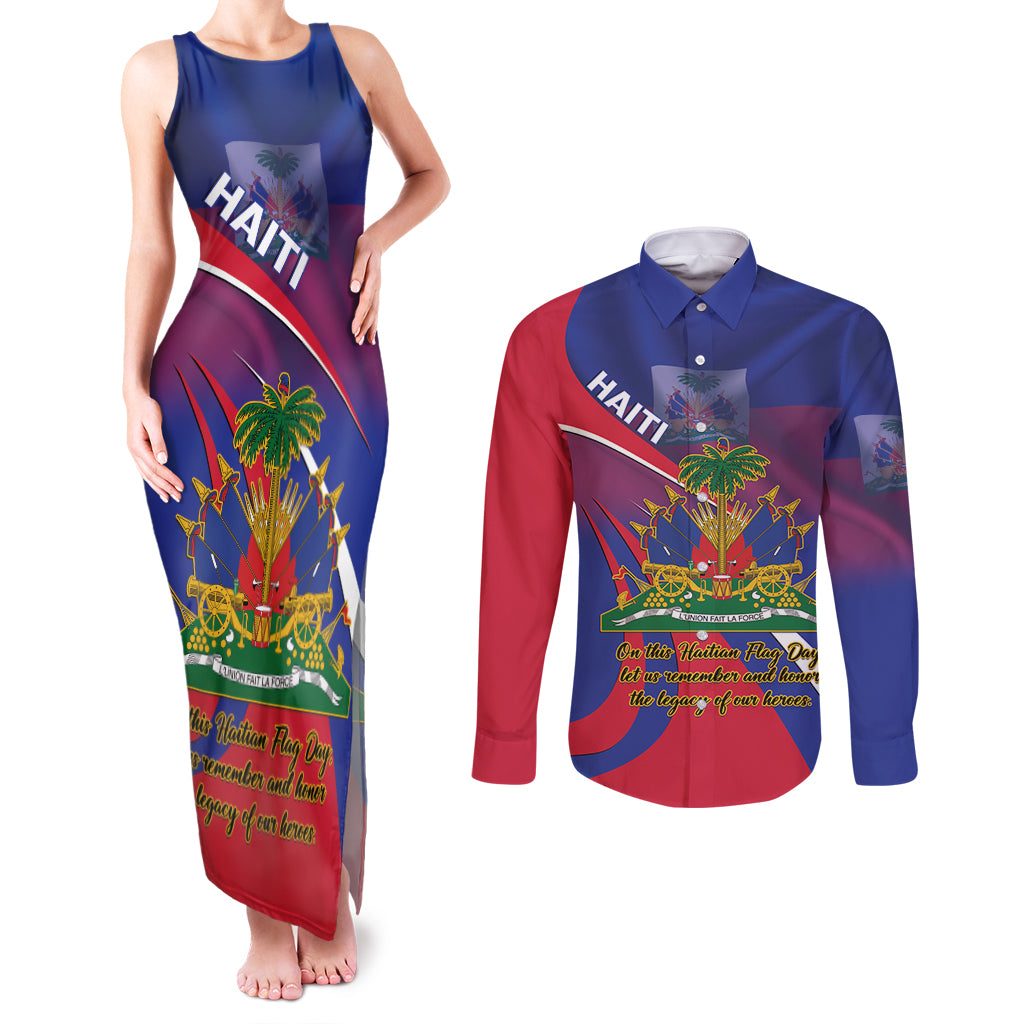 Personalised Haiti Flag Day Couples Matching Tank Maxi Dress and Long Sleeve Button Shirt Lest Us Remember Our Heroes - Wonder Print Shop