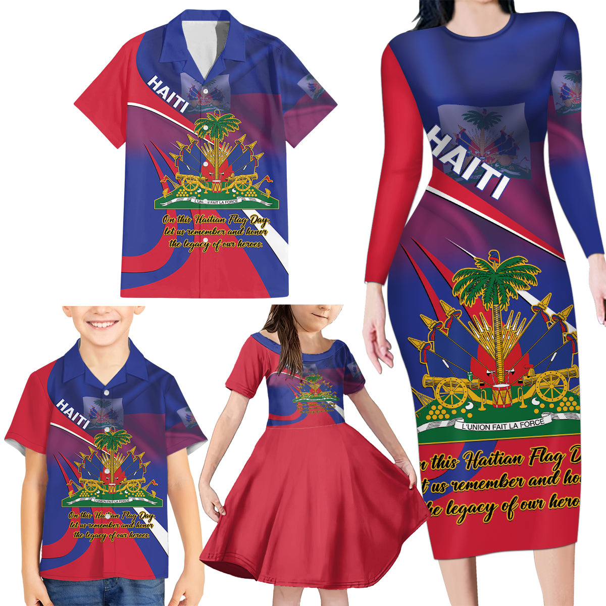 Personalised Haiti Flag Day Family Matching Long Sleeve Bodycon Dress and Hawaiian Shirt Lest Us Remember Our Heroes