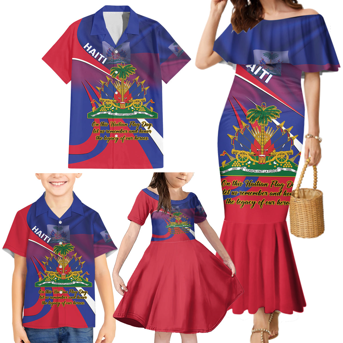 Personalised Haiti Flag Day Family Matching Mermaid Dress and Hawaiian Shirt Lest Us Remember Our Heroes