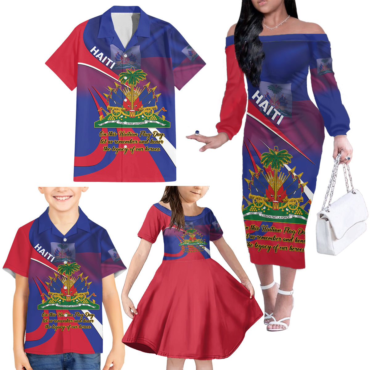 Personalised Haiti Flag Day Family Matching Off The Shoulder Long Sleeve Dress and Hawaiian Shirt Lest Us Remember Our Heroes