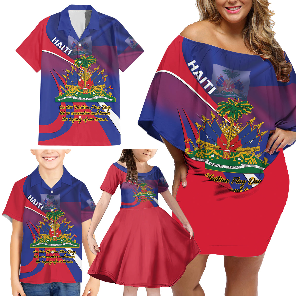 Personalised Haiti Flag Day Family Matching Off Shoulder Short Dress and Hawaiian Shirt Lest Us Remember Our Heroes