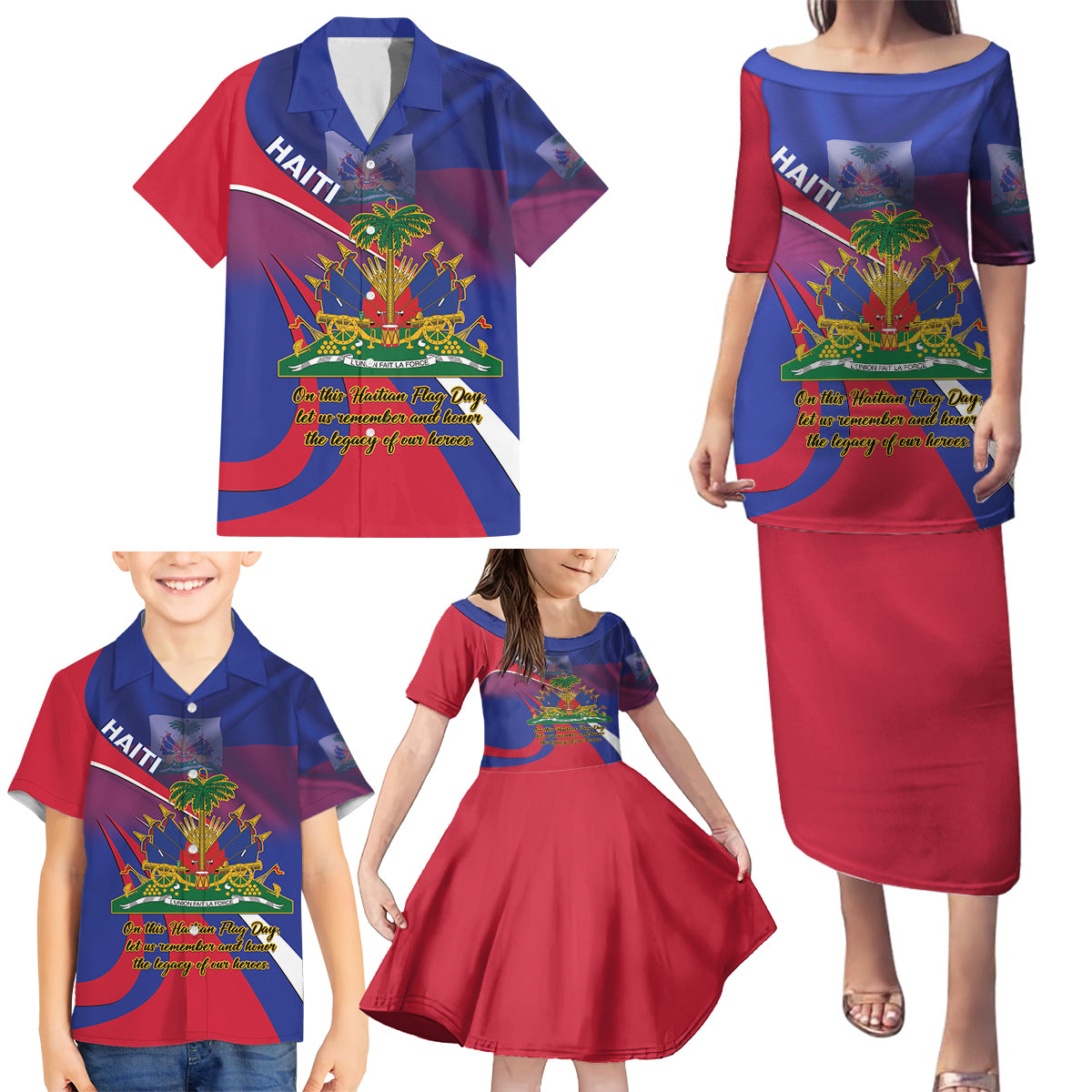 Personalised Haiti Flag Day Family Matching Puletasi and Hawaiian Shirt Lest Us Remember Our Heroes