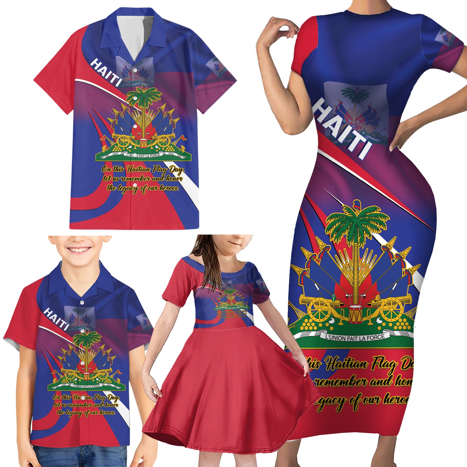 Personalised Haiti Flag Day Family Matching Short Sleeve Bodycon Dress and Hawaiian Shirt Lest Us Remember Our Heroes
