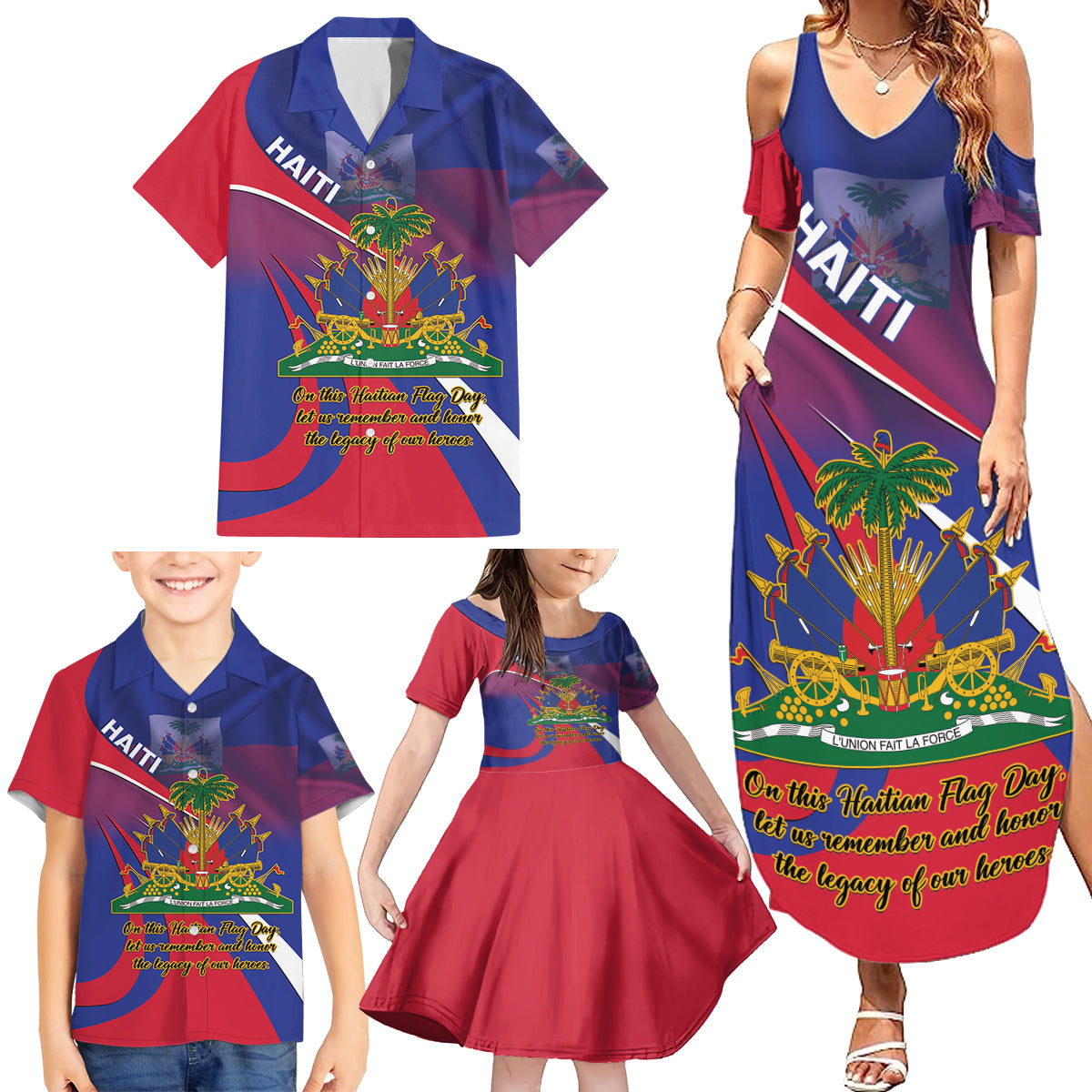 Personalised Haiti Flag Day Family Matching Summer Maxi Dress and Hawaiian Shirt Lest Us Remember Our Heroes - Wonder Print Shop
