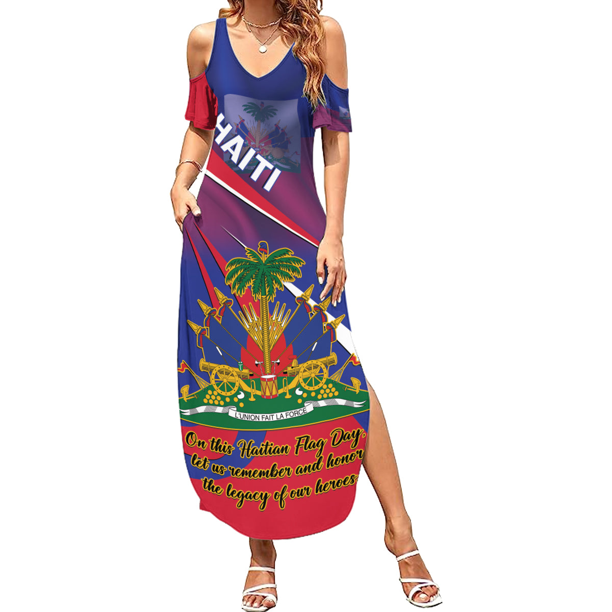 Personalised Haiti Flag Day Family Matching Summer Maxi Dress and Hawaiian Shirt Lest Us Remember Our Heroes - Wonder Print Shop