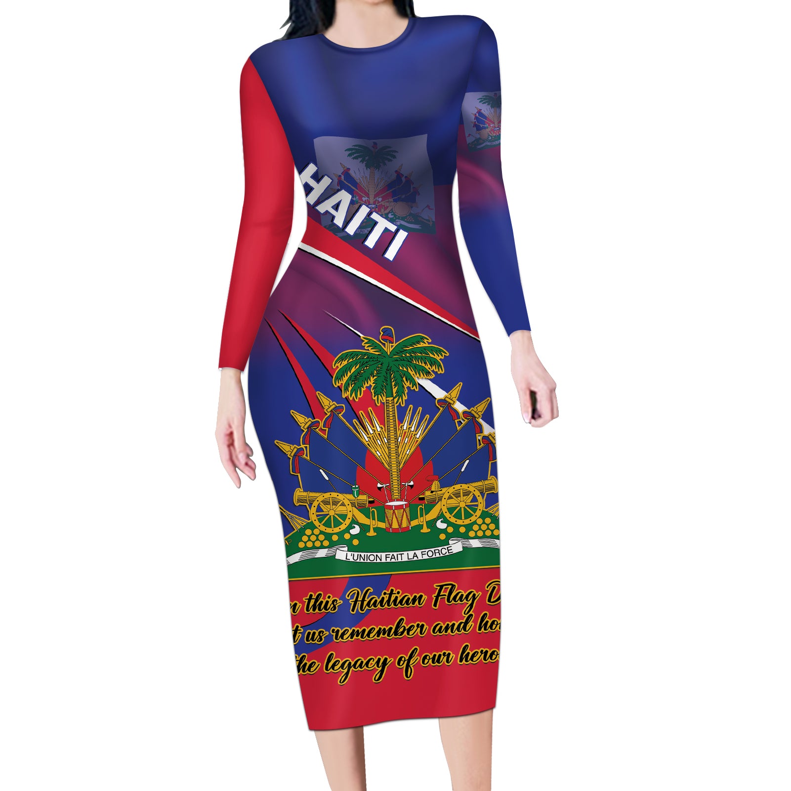 Personalised Haiti Flag Day Long Sleeve Bodycon Dress Lest Us Remember Our Heroes