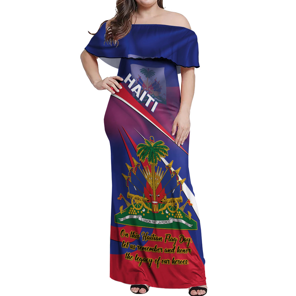 Personalised Haiti Flag Day Off Shoulder Maxi Dress Lest Us Remember Our Heroes