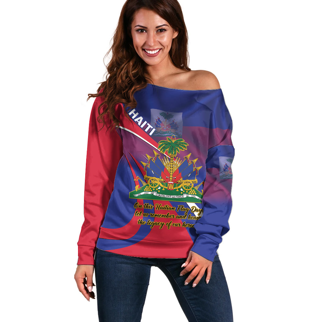 Personalised Haiti Flag Day Off Shoulder Sweater Lest Us Remember Our Heroes - Wonder Print Shop