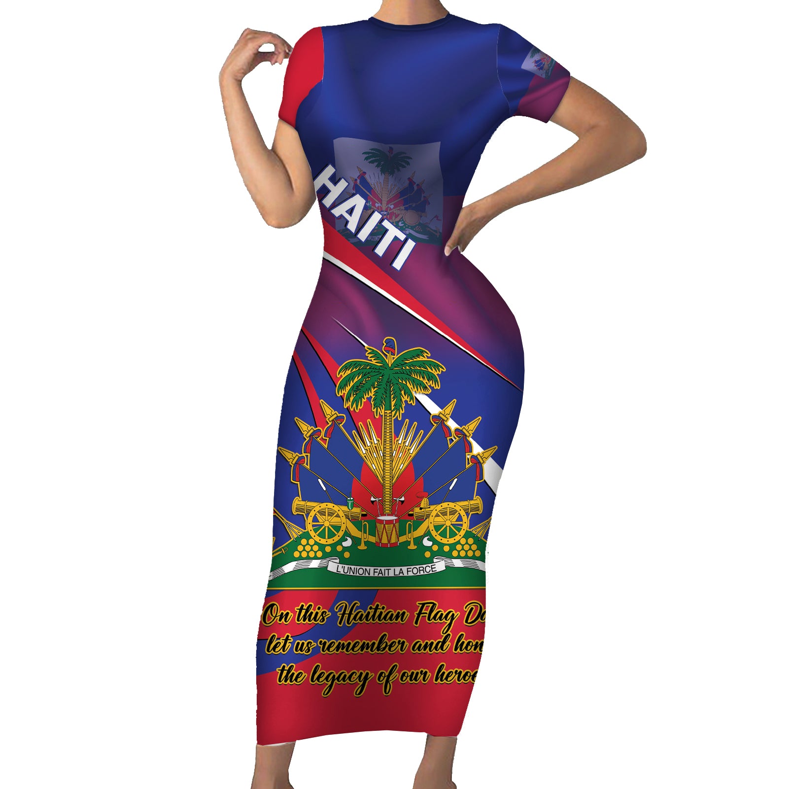 Personalised Haiti Flag Day Short Sleeve Bodycon Dress Lest Us Remember Our Heroes - Wonder Print Shop