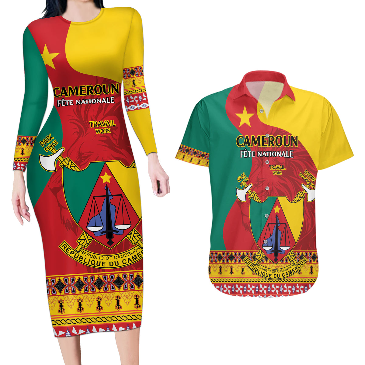Personalised Cameroon National Day Couples Matching Long Sleeve Bodycon Dress and Hawaiian Shirt Cameroun Coat Of Arms With Atoghu Pattern - Wonder Print Shop