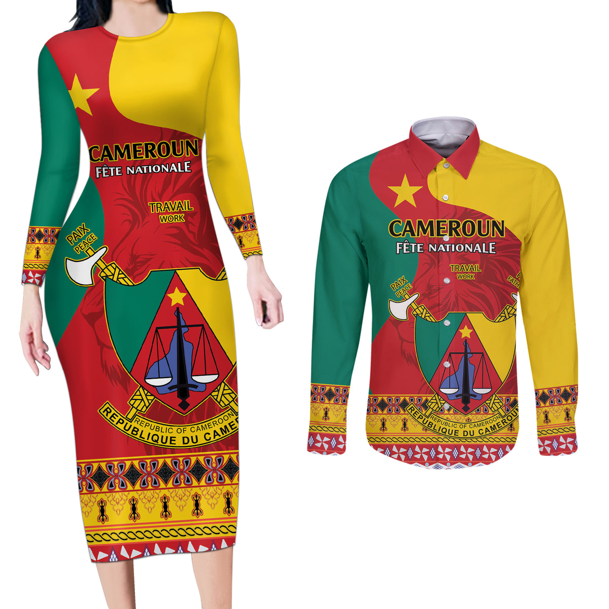 Personalised Cameroon National Day Couples Matching Long Sleeve Bodycon Dress and Long Sleeve Button Shirt Cameroun Coat Of Arms With Atoghu Pattern - Wonder Print Shop