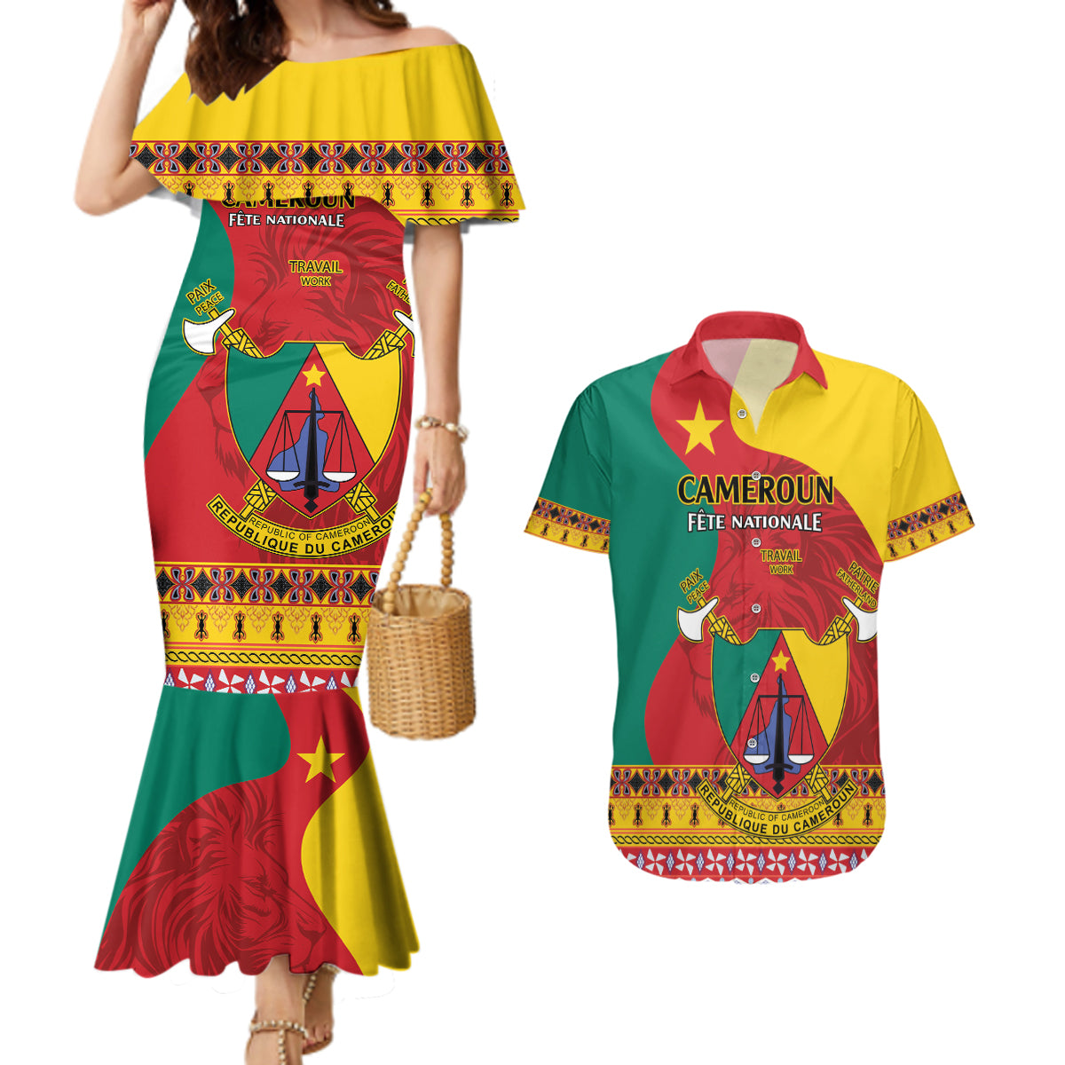 Personalised Cameroon National Day Couples Matching Mermaid Dress and Hawaiian Shirt Cameroun Coat Of Arms With Atoghu Pattern - Wonder Print Shop
