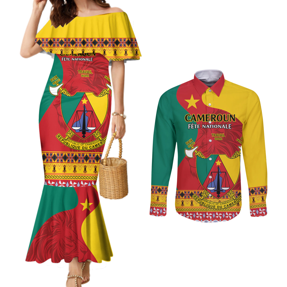 Personalised Cameroon National Day Couples Matching Mermaid Dress and Long Sleeve Button Shirt Cameroun Coat Of Arms With Atoghu Pattern