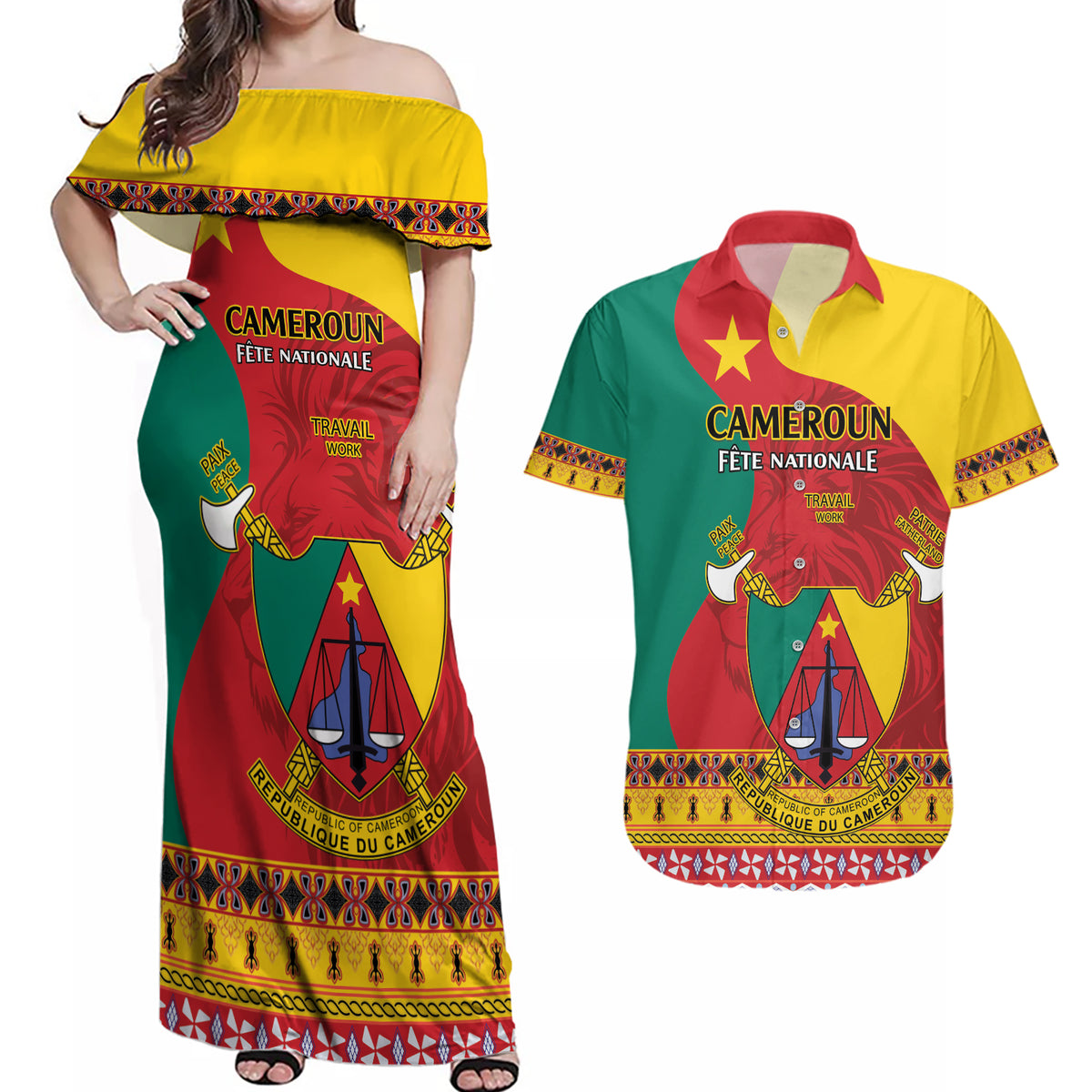 Personalised Cameroon National Day Couples Matching Off Shoulder Maxi Dress and Hawaiian Shirt Cameroun Coat Of Arms With Atoghu Pattern - Wonder Print Shop