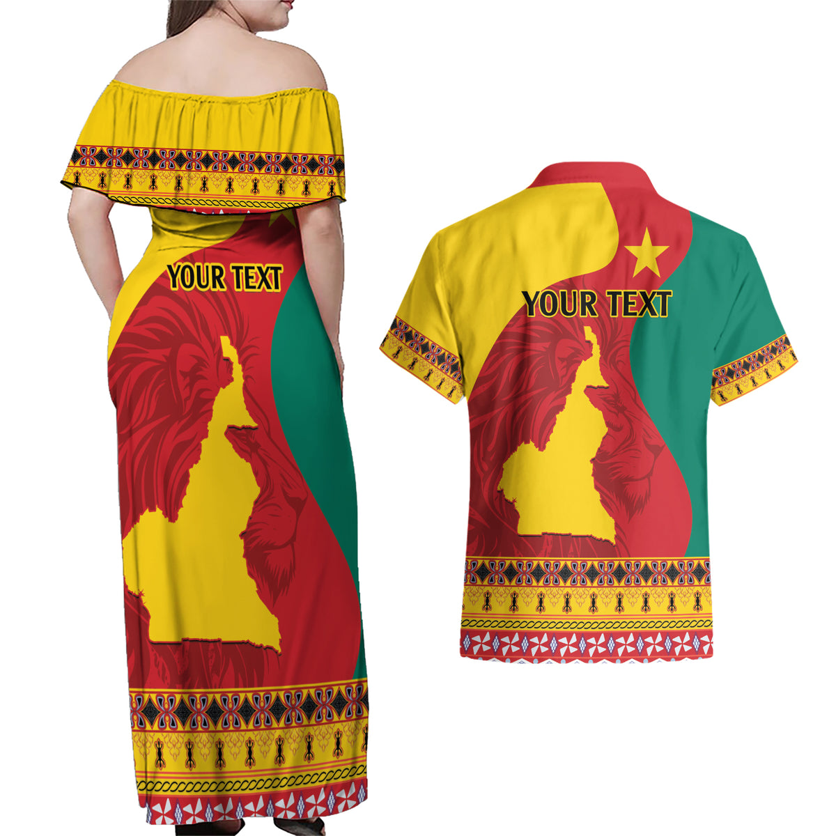 Personalised Cameroon National Day Couples Matching Off Shoulder Maxi Dress and Hawaiian Shirt Cameroun Coat Of Arms With Atoghu Pattern - Wonder Print Shop
