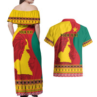 Personalised Cameroon National Day Couples Matching Off Shoulder Maxi Dress and Hawaiian Shirt Cameroun Coat Of Arms With Atoghu Pattern - Wonder Print Shop