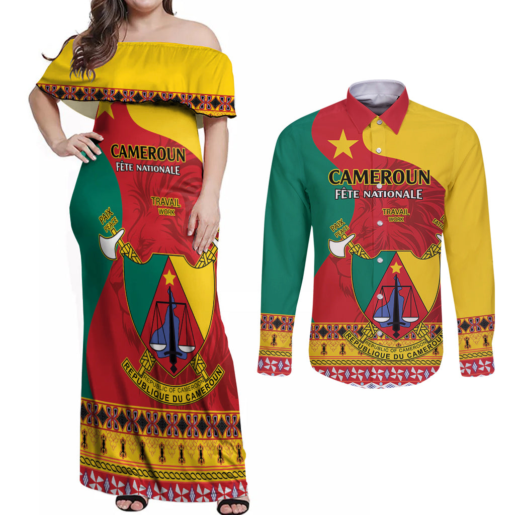 Personalised Cameroon National Day Couples Matching Off Shoulder Maxi Dress and Long Sleeve Button Shirt Cameroun Coat Of Arms With Atoghu Pattern