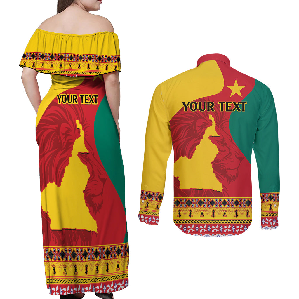 Personalised Cameroon National Day Couples Matching Off Shoulder Maxi Dress and Long Sleeve Button Shirt Cameroun Coat Of Arms With Atoghu Pattern - Wonder Print Shop