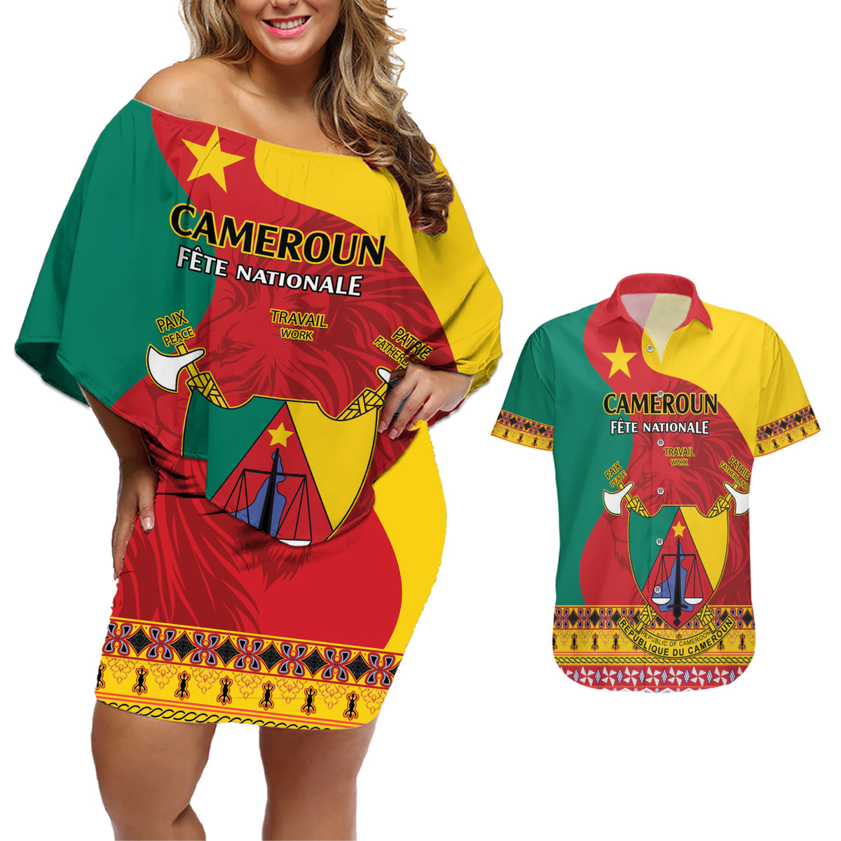 Personalised Cameroon National Day Couples Matching Off Shoulder Short Dress and Hawaiian Shirt Cameroun Coat Of Arms With Atoghu Pattern - Wonder Print Shop