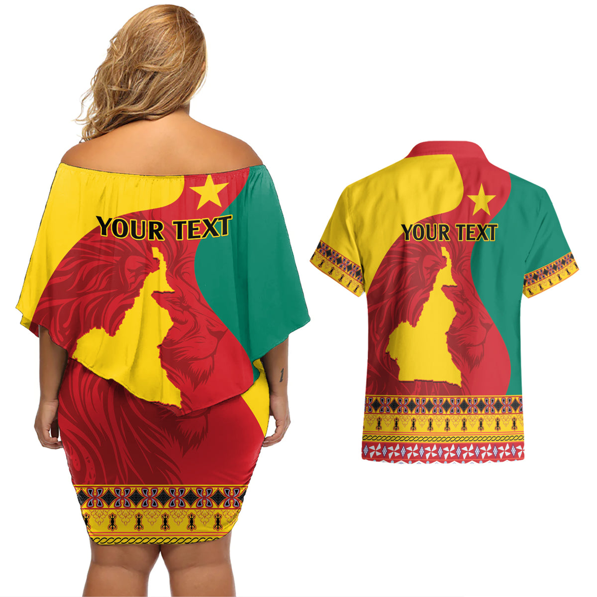 Personalised Cameroon National Day Couples Matching Off Shoulder Short Dress and Hawaiian Shirt Cameroun Coat Of Arms With Atoghu Pattern - Wonder Print Shop