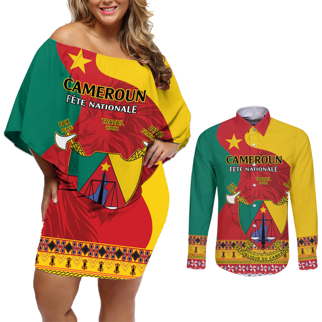 Personalised Cameroon National Day Couples Matching Off Shoulder Short Dress and Long Sleeve Button Shirt Cameroun Coat Of Arms With Atoghu Pattern - Wonder Print Shop