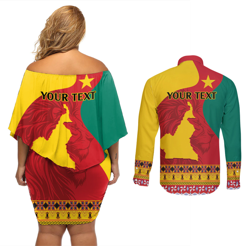 Personalised Cameroon National Day Couples Matching Off Shoulder Short Dress and Long Sleeve Button Shirt Cameroun Coat Of Arms With Atoghu Pattern - Wonder Print Shop