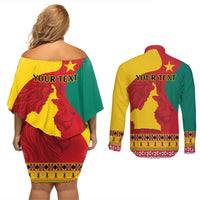 Personalised Cameroon National Day Couples Matching Off Shoulder Short Dress and Long Sleeve Button Shirt Cameroun Coat Of Arms With Atoghu Pattern - Wonder Print Shop