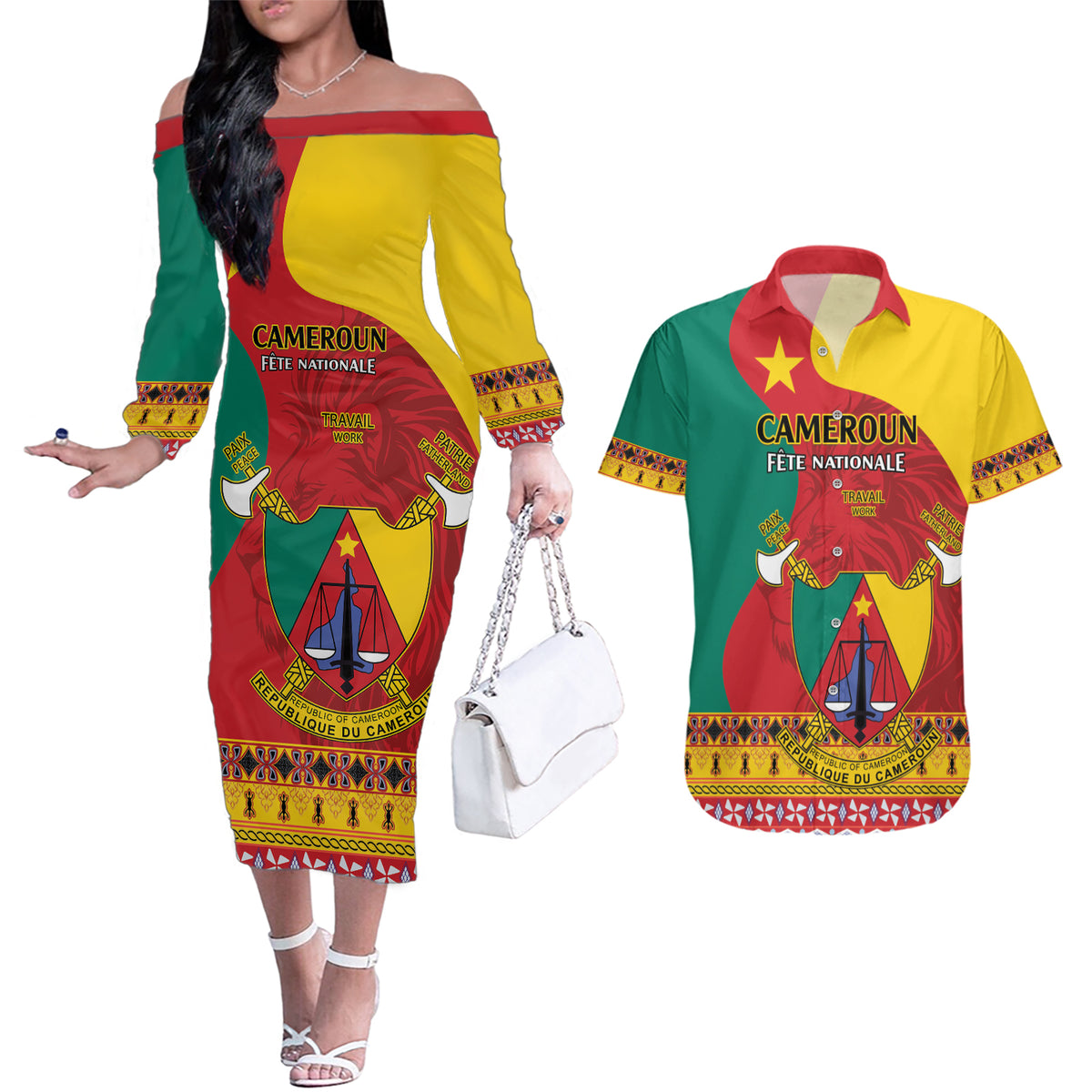 Personalised Cameroon National Day Couples Matching Off The Shoulder Long Sleeve Dress and Hawaiian Shirt Cameroun Coat Of Arms With Atoghu Pattern - Wonder Print Shop