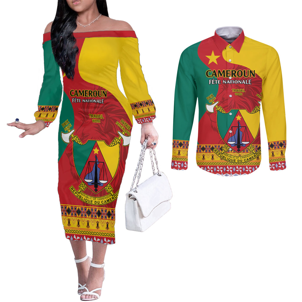 Personalised Cameroon National Day Couples Matching Off The Shoulder Long Sleeve Dress and Long Sleeve Button Shirt Cameroun Coat Of Arms With Atoghu Pattern