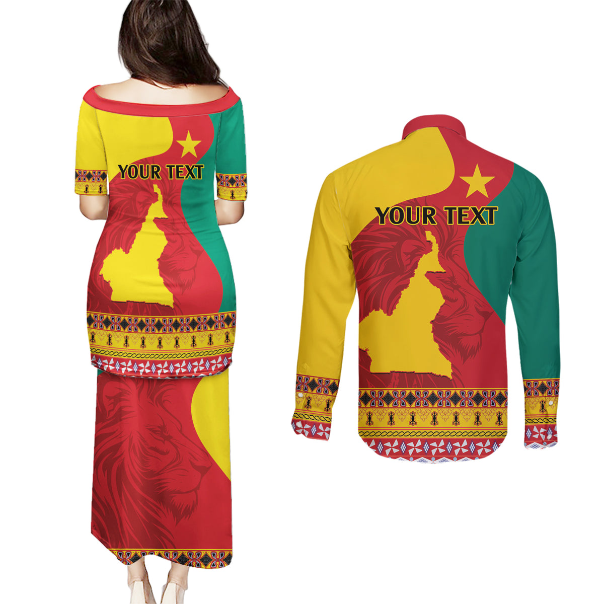 Personalised Cameroon National Day Couples Matching Puletasi and Long Sleeve Button Shirt Cameroun Coat Of Arms With Atoghu Pattern - Wonder Print Shop