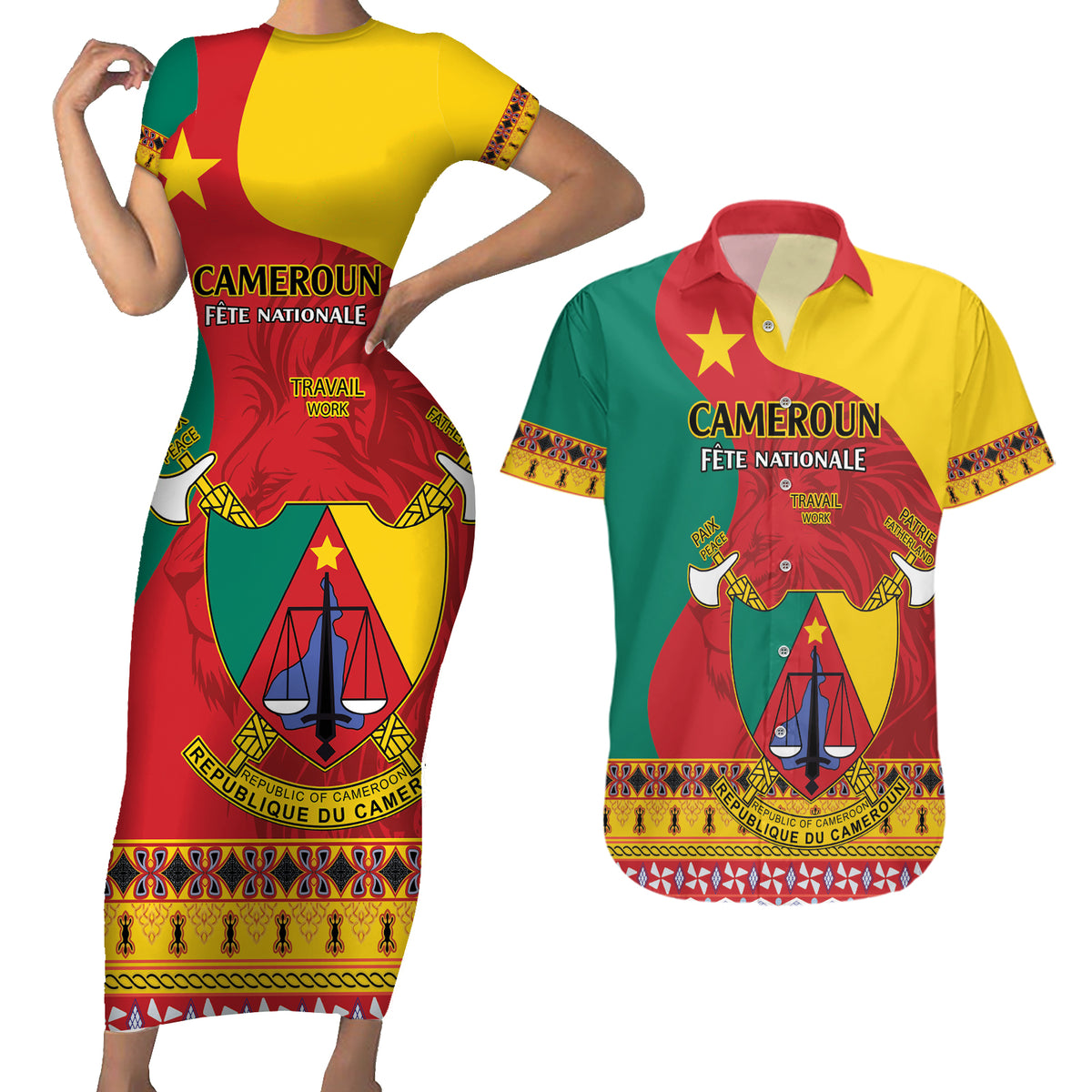 Personalised Cameroon National Day Couples Matching Short Sleeve Bodycon Dress and Hawaiian Shirt Cameroun Coat Of Arms With Atoghu Pattern - Wonder Print Shop