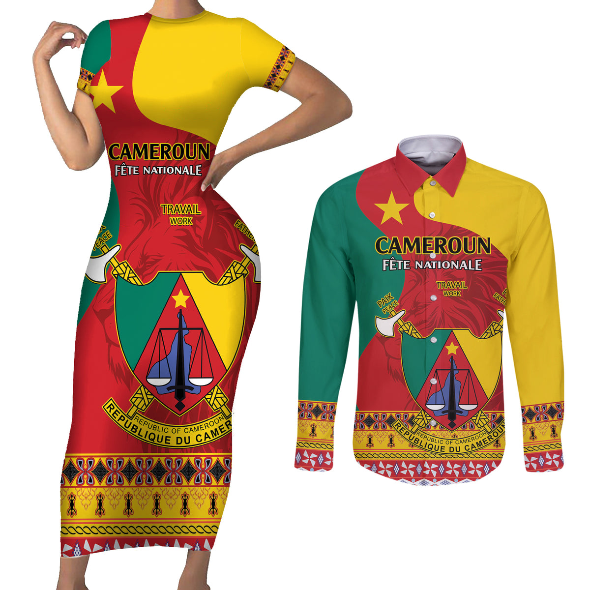 Personalised Cameroon National Day Couples Matching Short Sleeve Bodycon Dress and Long Sleeve Button Shirt Cameroun Coat Of Arms With Atoghu Pattern - Wonder Print Shop
