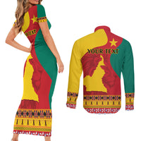 Personalised Cameroon National Day Couples Matching Short Sleeve Bodycon Dress and Long Sleeve Button Shirt Cameroun Coat Of Arms With Atoghu Pattern - Wonder Print Shop
