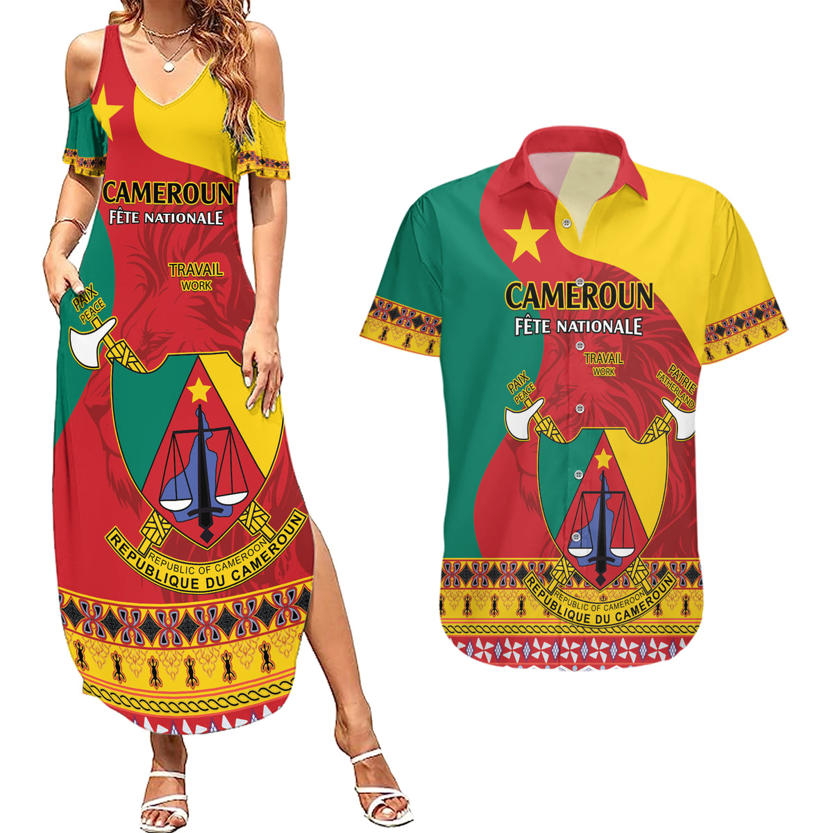 Personalised Cameroon National Day Couples Matching Summer Maxi Dress and Hawaiian Shirt Cameroun Coat Of Arms With Atoghu Pattern - Wonder Print Shop