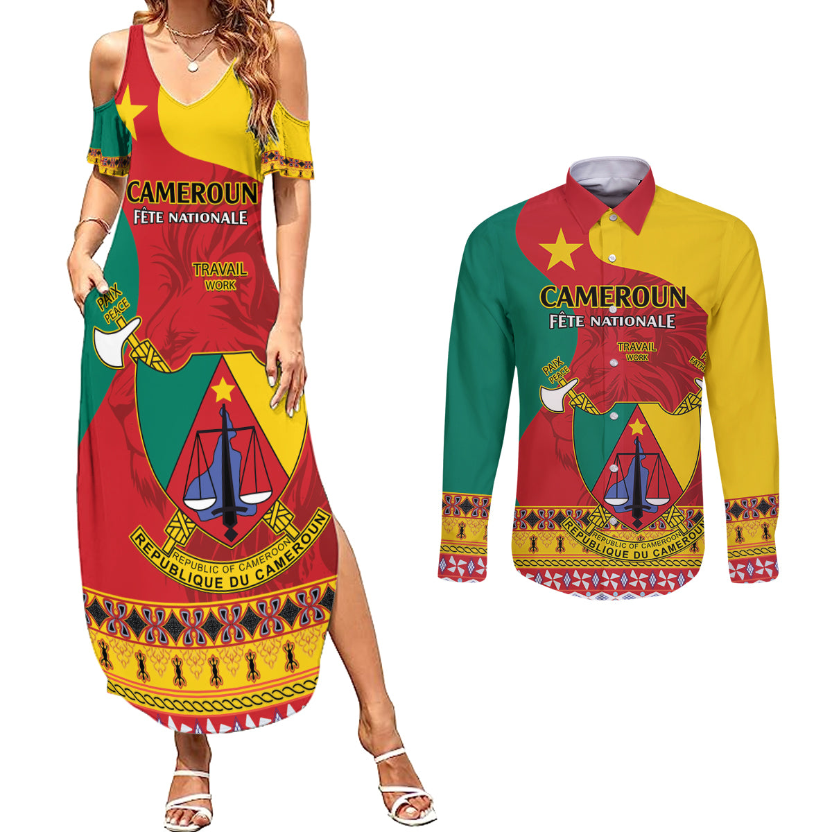 Personalised Cameroon National Day Couples Matching Summer Maxi Dress and Long Sleeve Button Shirt Cameroun Coat Of Arms With Atoghu Pattern - Wonder Print Shop