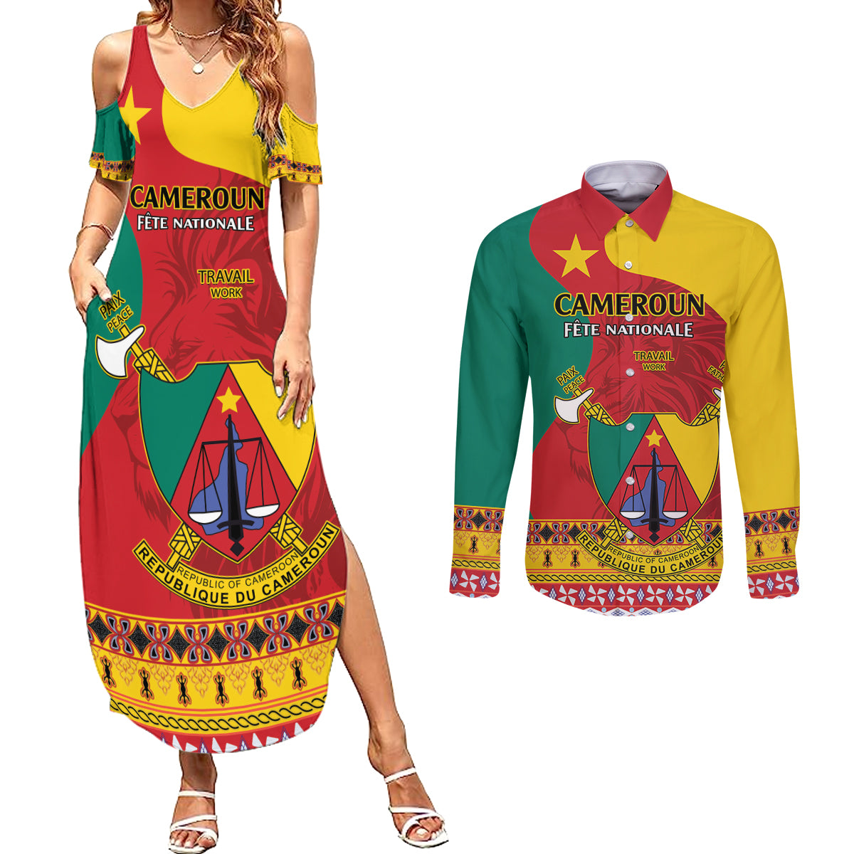 Personalised Cameroon National Day Couples Matching Summer Maxi Dress and Long Sleeve Button Shirt Cameroun Coat Of Arms With Atoghu Pattern
