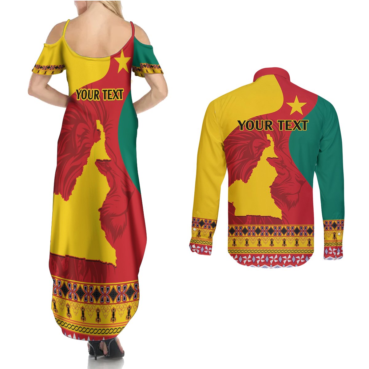 Personalised Cameroon National Day Couples Matching Summer Maxi Dress and Long Sleeve Button Shirt Cameroun Coat Of Arms With Atoghu Pattern - Wonder Print Shop