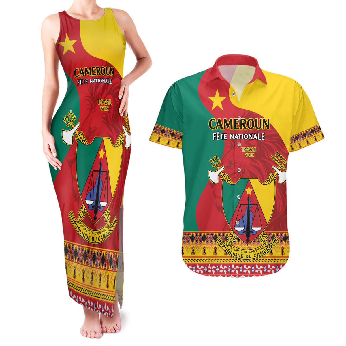 Personalised Cameroon National Day Couples Matching Tank Maxi Dress and Hawaiian Shirt Cameroun Coat Of Arms With Atoghu Pattern - Wonder Print Shop