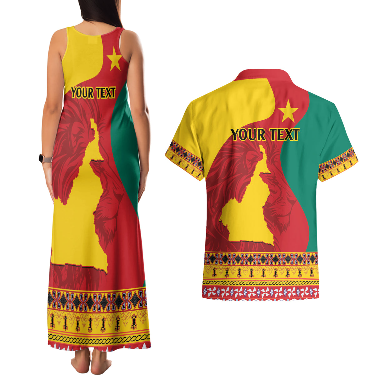 Personalised Cameroon National Day Couples Matching Tank Maxi Dress and Hawaiian Shirt Cameroun Coat Of Arms With Atoghu Pattern - Wonder Print Shop