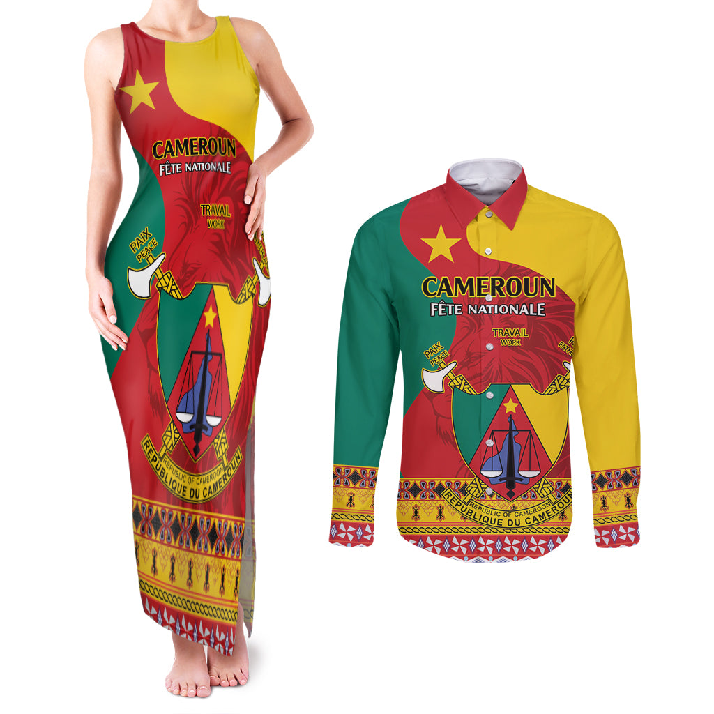 Personalised Cameroon National Day Couples Matching Tank Maxi Dress and Long Sleeve Button Shirt Cameroun Coat Of Arms With Atoghu Pattern - Wonder Print Shop