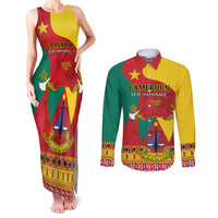 Personalised Cameroon National Day Couples Matching Tank Maxi Dress and Long Sleeve Button Shirt Cameroun Coat Of Arms With Atoghu Pattern - Wonder Print Shop