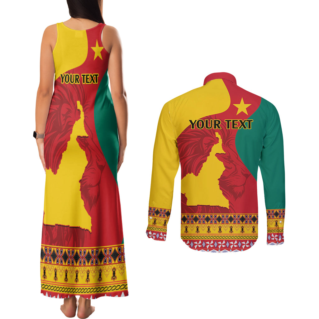 Personalised Cameroon National Day Couples Matching Tank Maxi Dress and Long Sleeve Button Shirt Cameroun Coat Of Arms With Atoghu Pattern - Wonder Print Shop