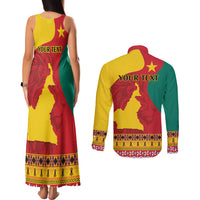 Personalised Cameroon National Day Couples Matching Tank Maxi Dress and Long Sleeve Button Shirt Cameroun Coat Of Arms With Atoghu Pattern - Wonder Print Shop